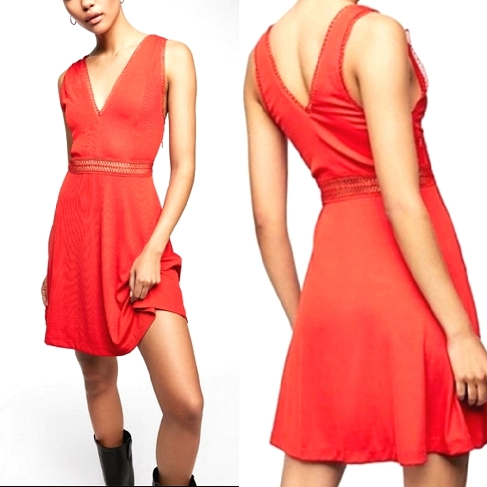 Free People Coral Red V-Neck Sleeveless Mini Dress